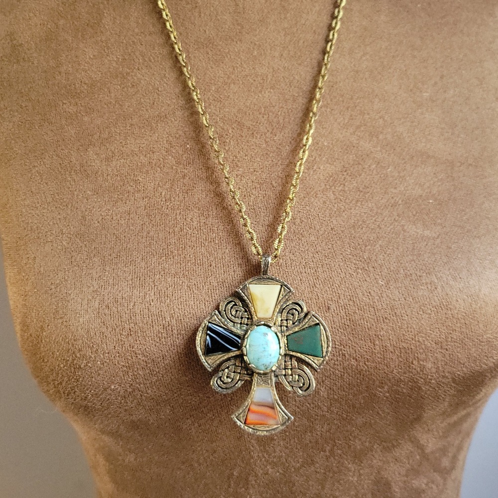 Vintage Celtic Cross Multi Stone Inlay Gold Tone Necklace 22 inch Whimsigoth